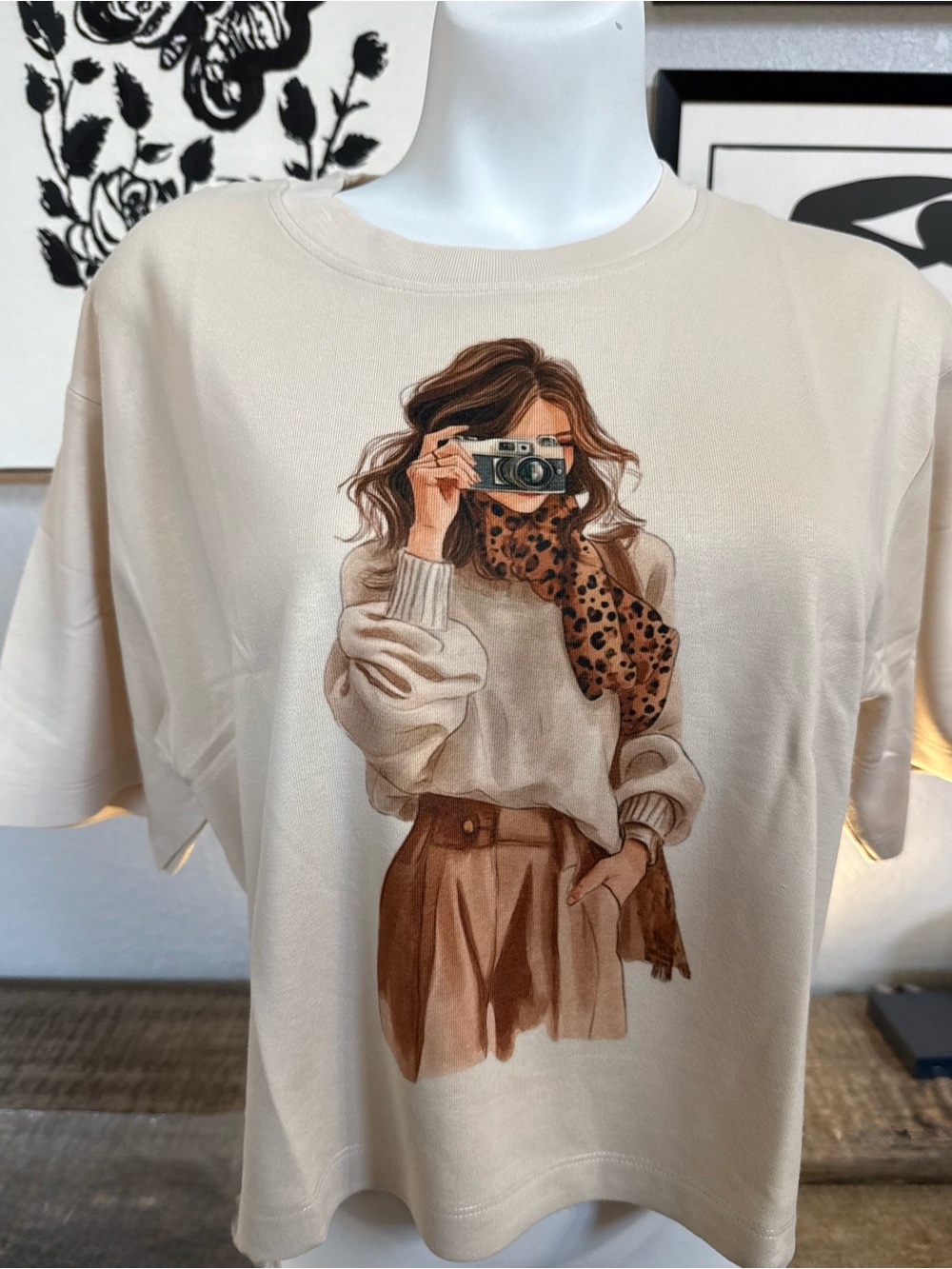 Women’s Cream Graphic Tee with Leopard Scarf Print